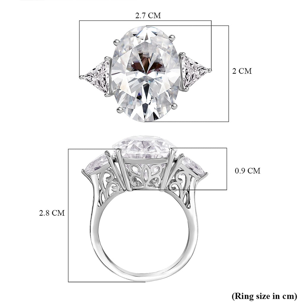 D'Joy Moissanite 3 Stone Ring in Rhodium Overlay Sterling Silver 13.78 Ct.