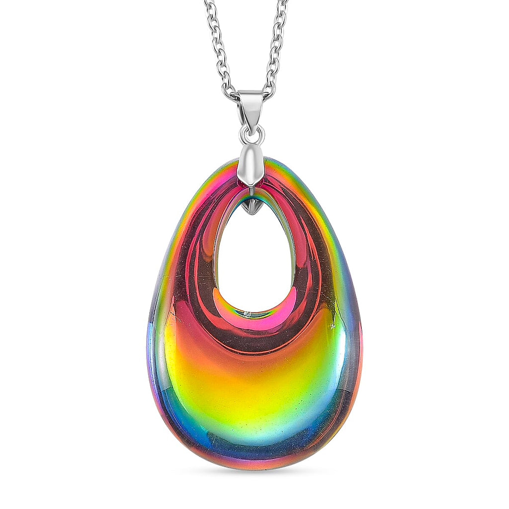 Magic Color Crystal Teardrop Pendant with Chain (Size 24) in Silver Tone