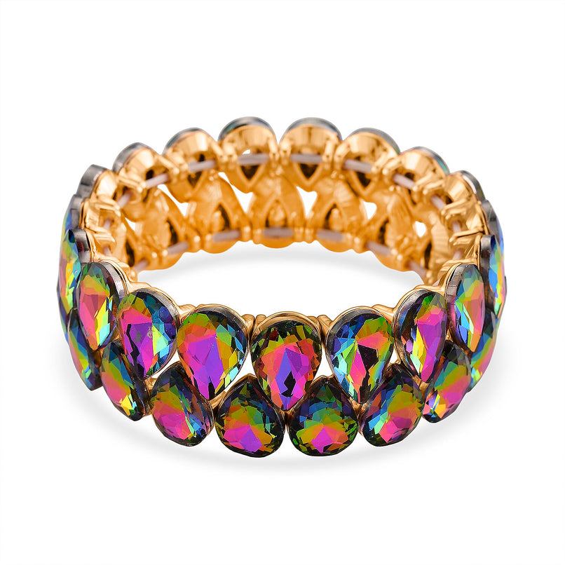 Magic Color Glass Pear Stretchable Bracelet (Size - 7) in Yellow Gold Tone