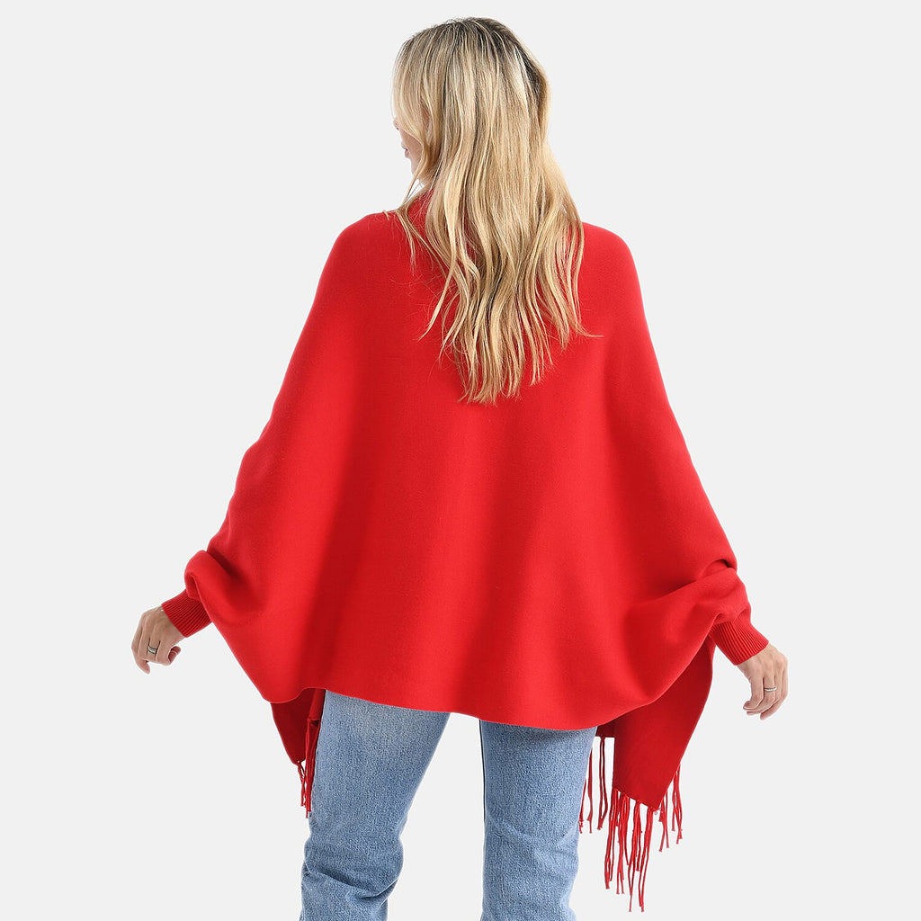 - Maisi Embroidered Tassel Batwing Sleeve Relaxed Drape Cape (One Size) - Red