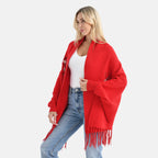 - Maisi Embroidered Tassel Batwing Sleeve Relaxed Drape Cape (One Size) - Red