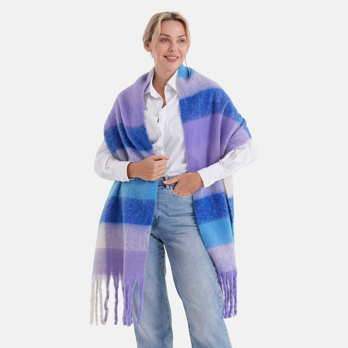 - Maisi Multicoloured Soft Checkered Tassel Scarf (190 x 40 cm) - Purple V32579048 3