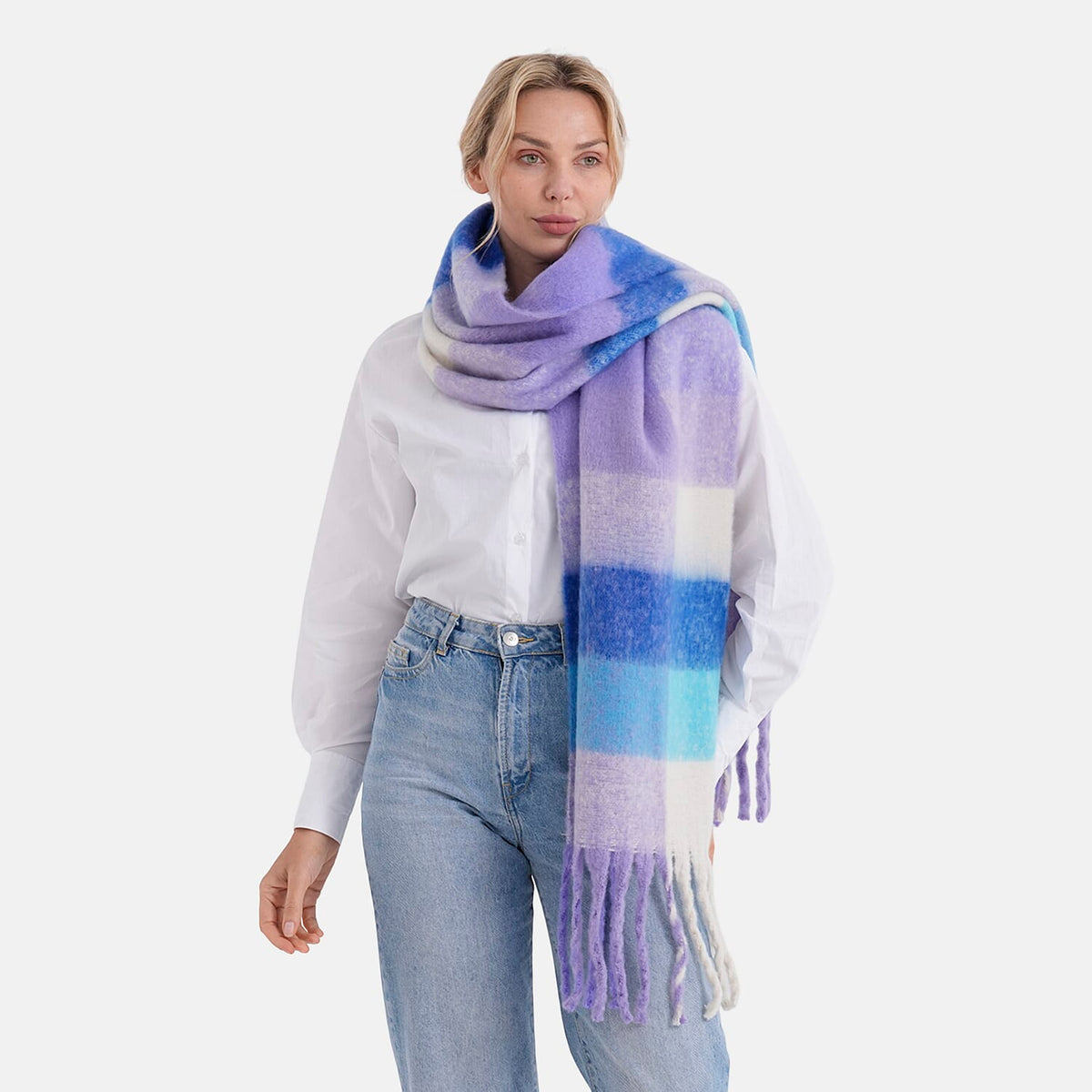 - Maisi Multicoloured Soft Checkered Tassel Scarf (190 x 40 cm) - Purple V32579048 5