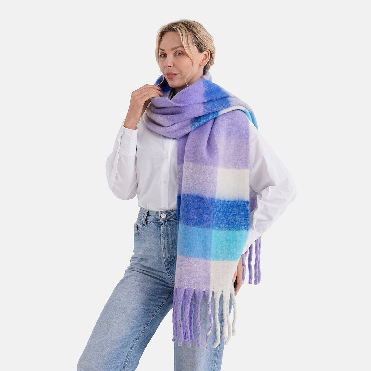 - Maisi Multicoloured Soft Checkered Tassel Scarf (190 x 40 cm) - Purple V32579048 6