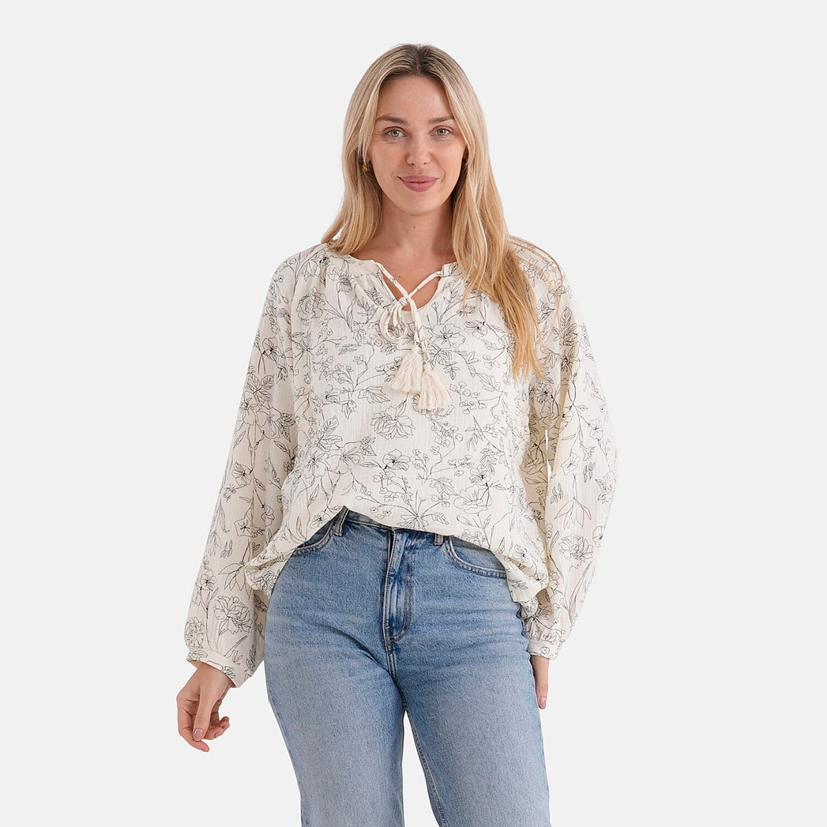 &amp; Maisi Cotton Floral Blouse (Size - Large) - White &amp; White V32699353 0