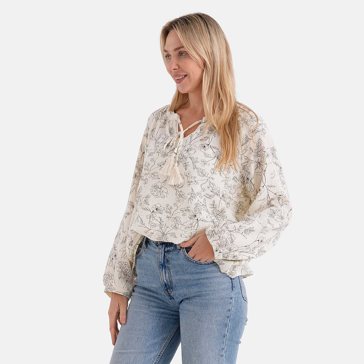 &amp; Maisi Cotton Floral Blouse (Size - Large) - White &amp; White V32699353 4