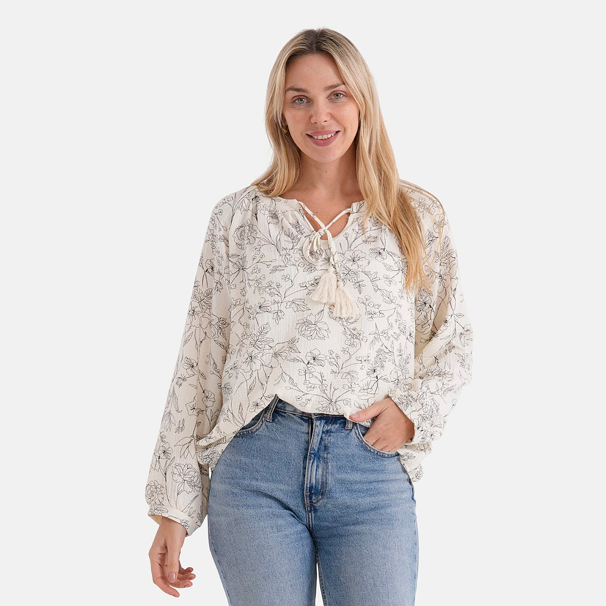 &amp; Maisi Cotton Floral Blouse (Size - Large) - White &amp; White V32699353 5