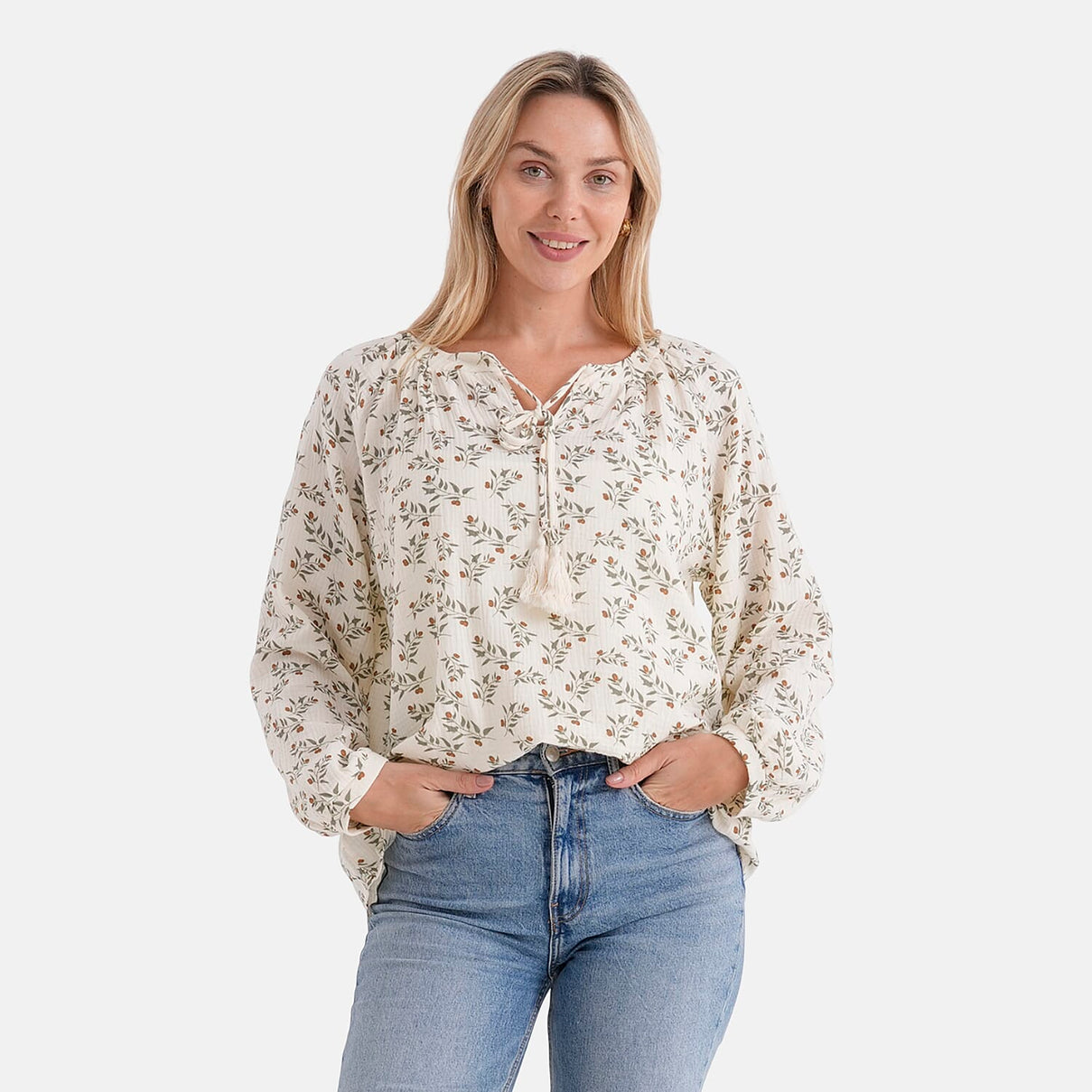 &amp; Maisi Cotton Leaf Blouse (Size - Large) - White &amp; White 8274315 0