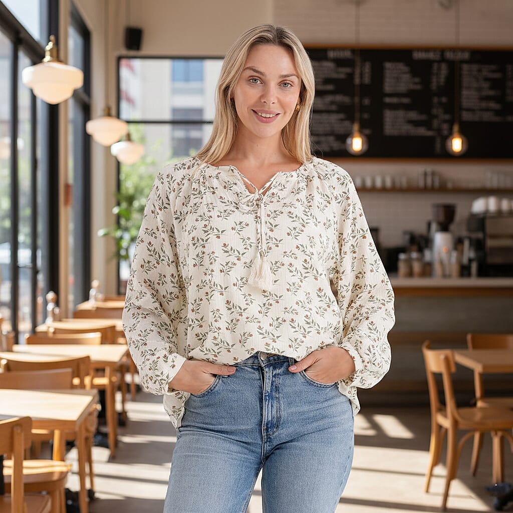 &amp; Maisi Cotton Leaf Blouse (Size - Large) - White &amp; White 8274315 2