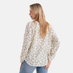 - Maisi Cotton Leaf Print Long-Sleeved Blouse with Tie-Front Tassels (Size - L) - Cream