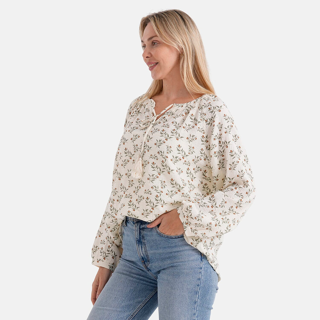 - Maisi Cotton Leaf Print Long-Sleeved Blouse with Tie-Front Tassels (Size - L) - Cream