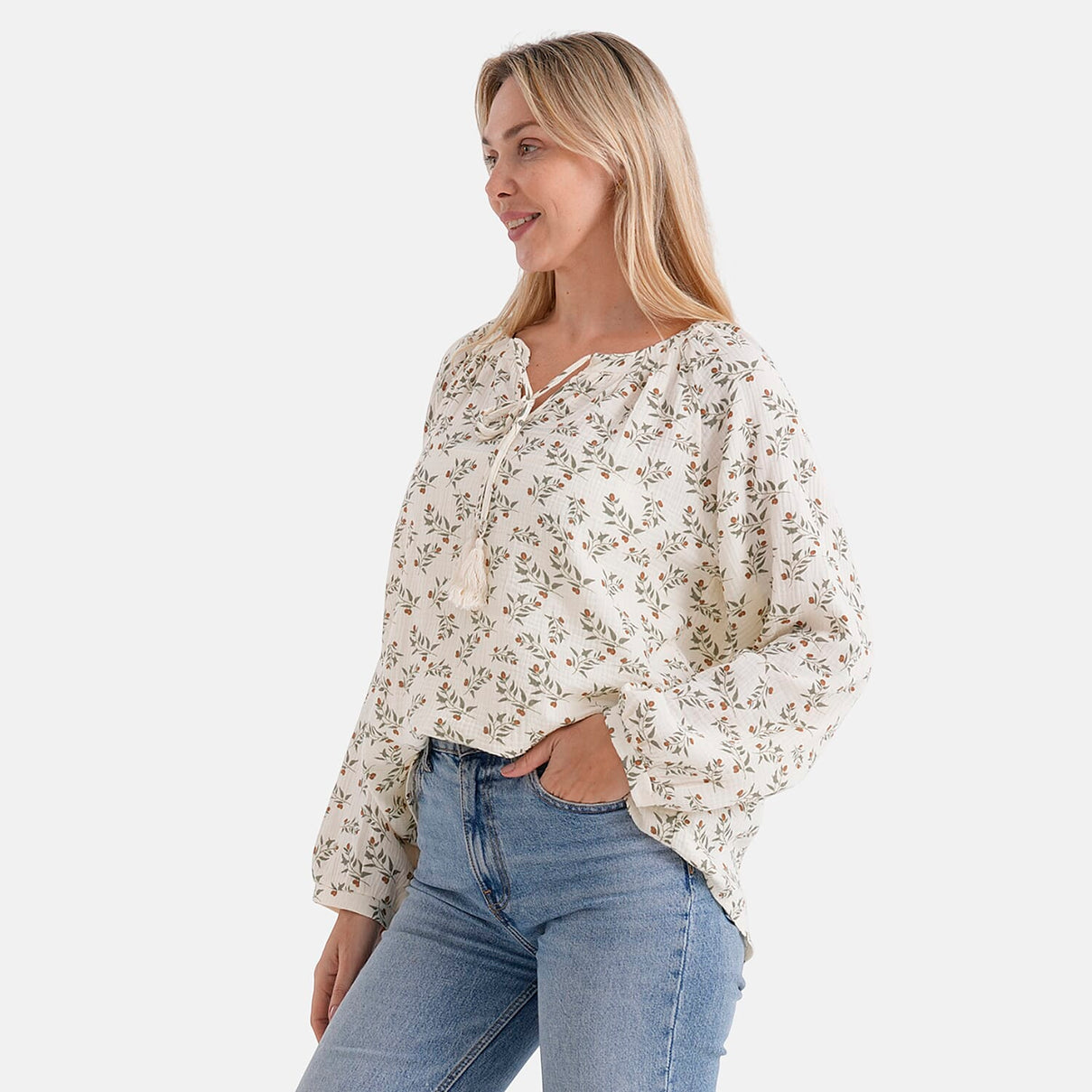 &amp; Maisi Cotton Leaf Blouse (Size - Large) - White &amp; White 8274315 4