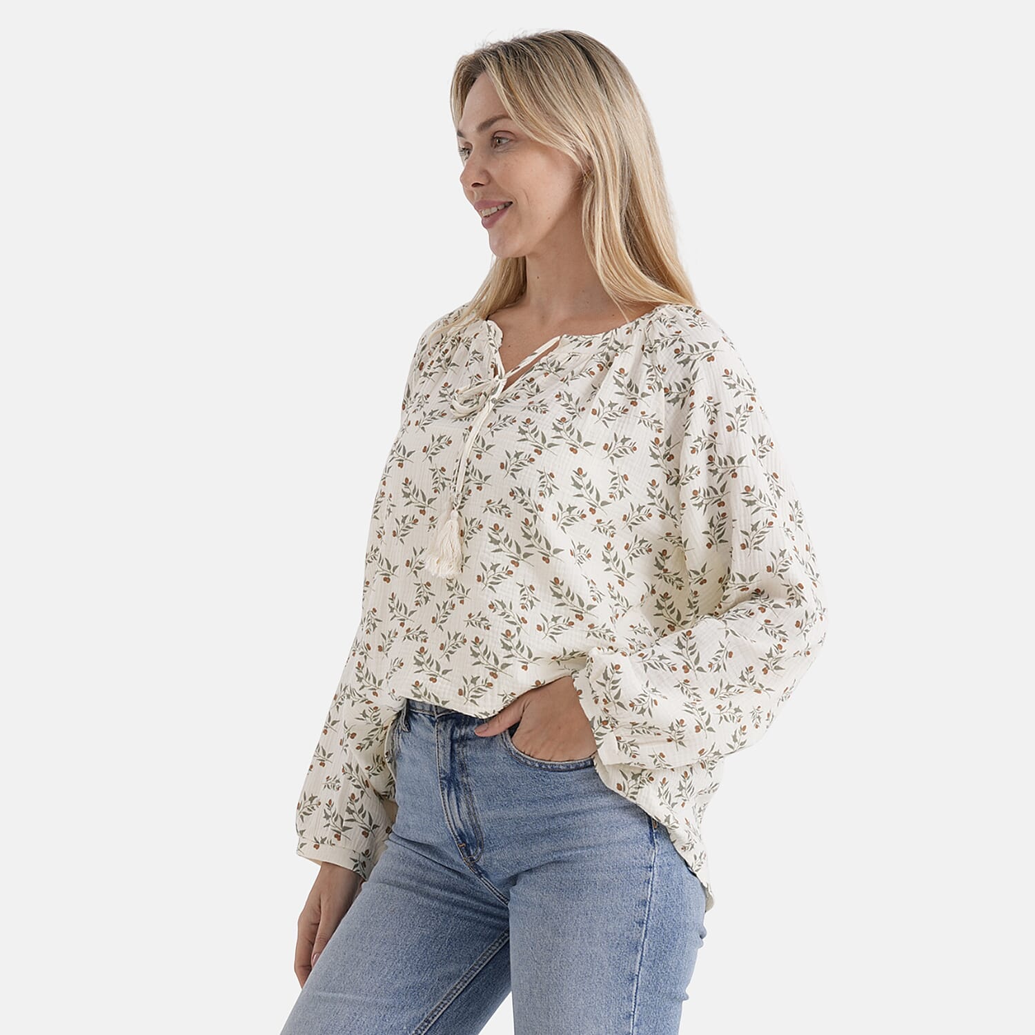 &amp; Maisi Cotton Leaf Blouse (Size - Large) - White &amp; White 8274315 4