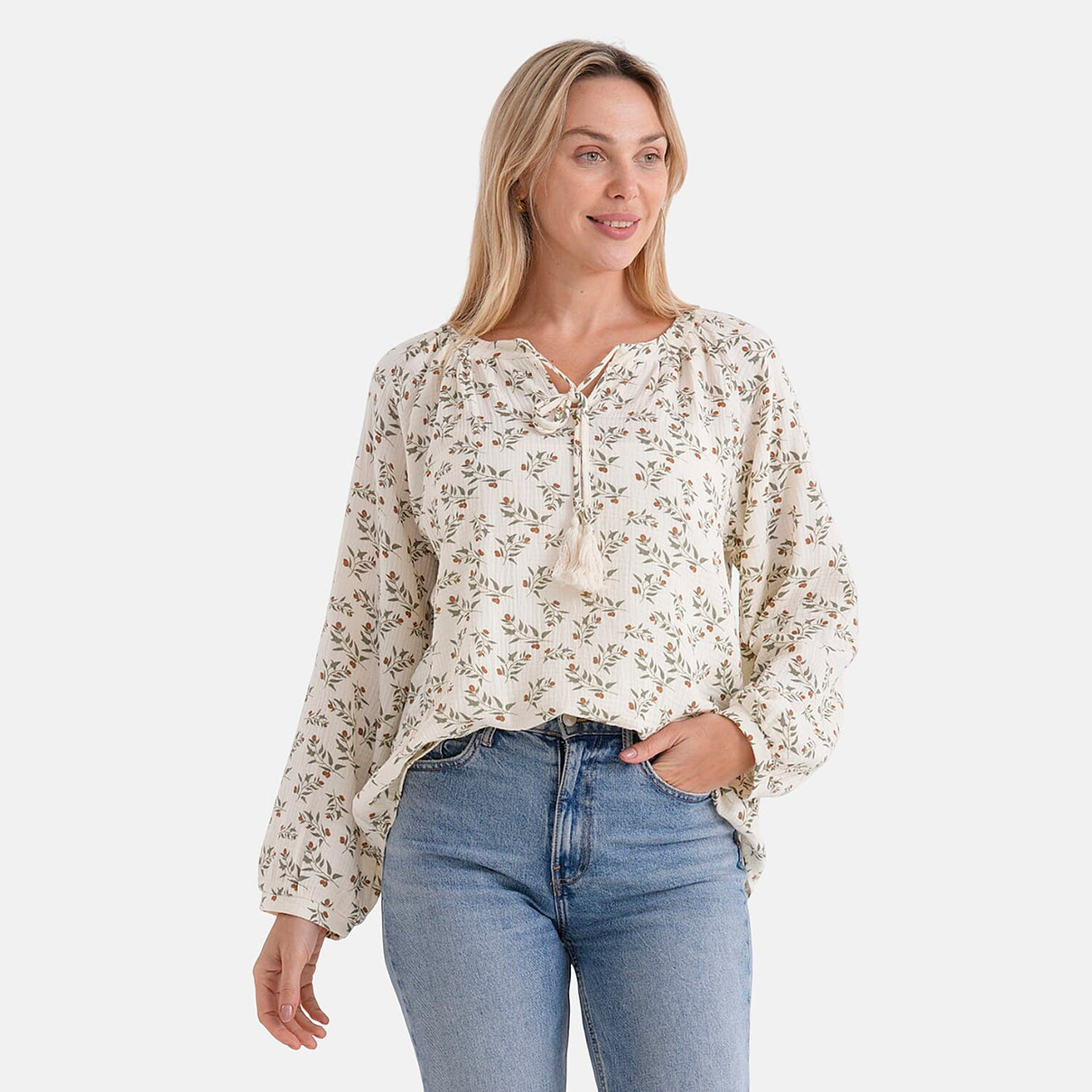 &amp; Maisi Cotton Leaf Blouse (Size - Large) - White &amp; White 8274315 5
