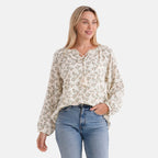 - Maisi Cotton Leaf Print Long-Sleeved Blouse with Tie-Front Tassels (Size - L) - Cream