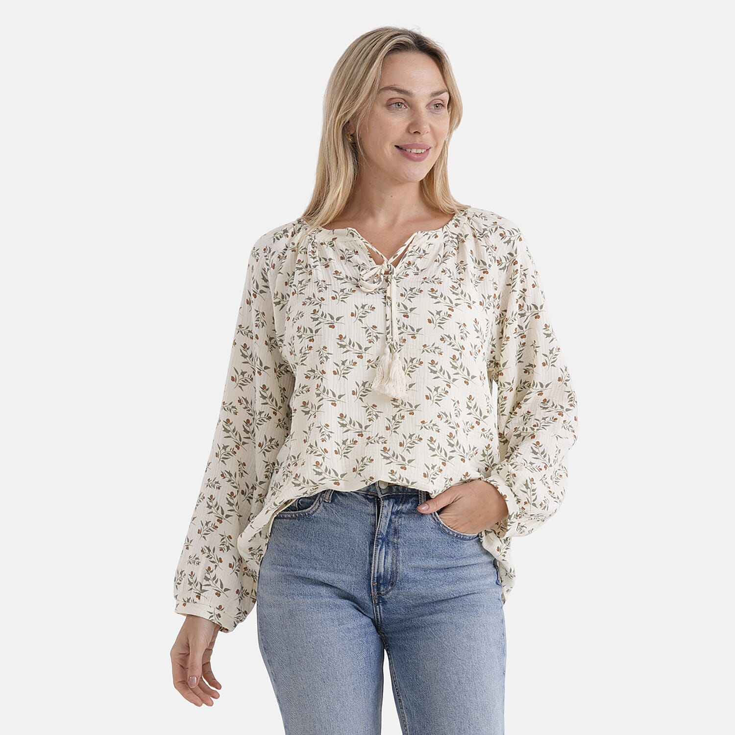 &amp; Maisi Cotton Leaf Blouse (Size - Large) - White &amp; White 8274315 5