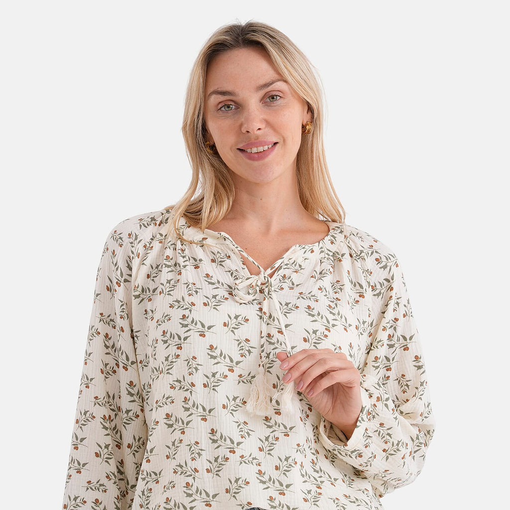 - Maisi Cotton Leaf Print Long-Sleeved Blouse with Tie-Front Tassels (Size - L) - Cream