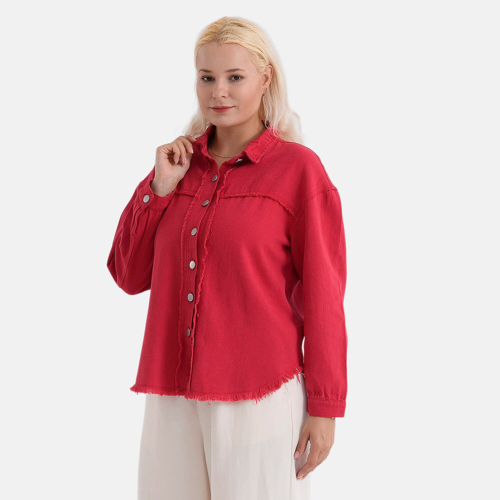 - Maisi 100% Cotton Classic Denim Shirt Jacket With Frayed Edge Detail (Size 12) - Red