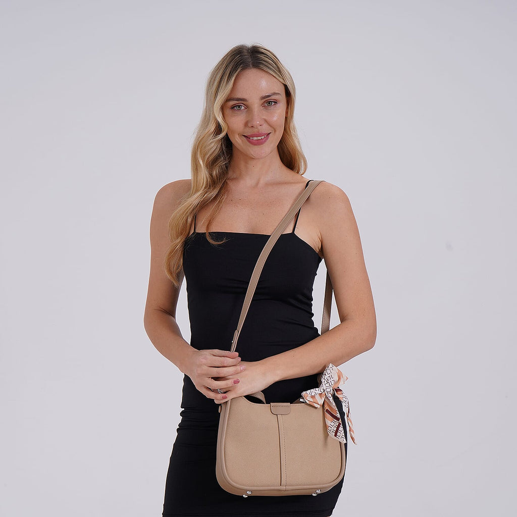 - Maisi Leatherette Crossbody Bag with Scarf - Khaki