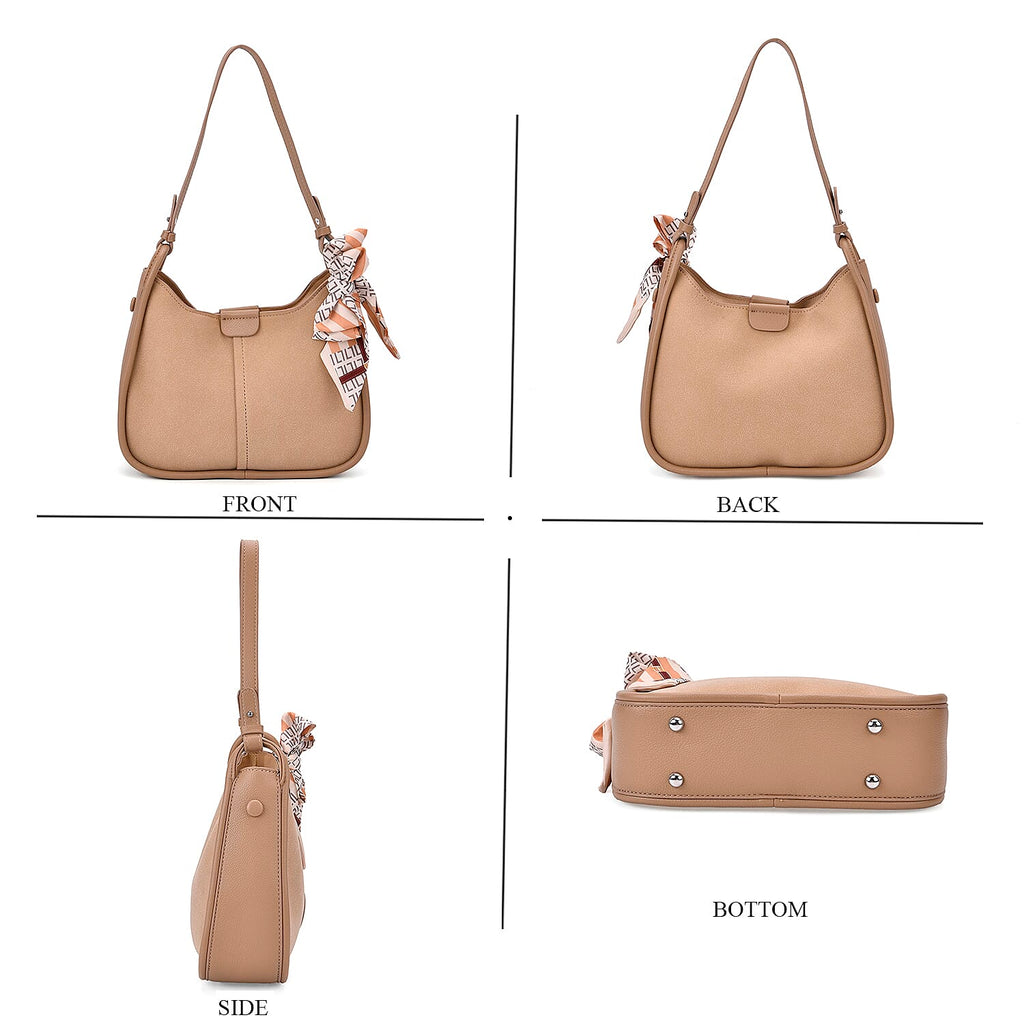 - Maisi Leatherette Crossbody Bag with Scarf - Khaki