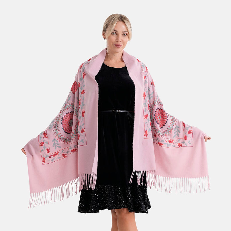 - Maisi Floral Embroidered Scarf With Tassel (180 x 75 Cm) - Pink