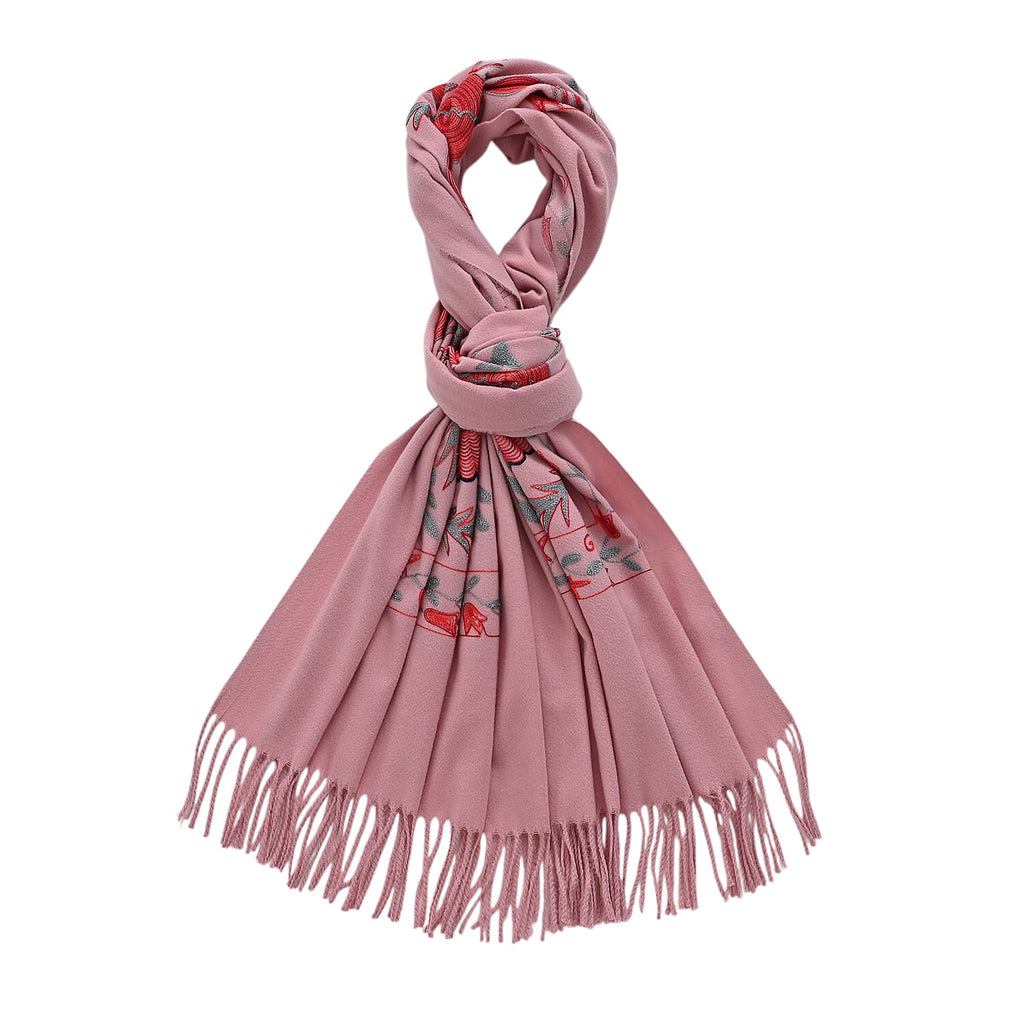 - Maisi Floral Embroidered Scarf With Tassel (180 x 75 Cm) - Pink