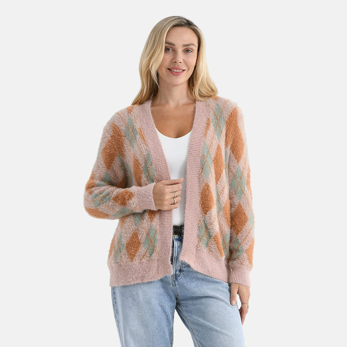 - Maisi Knitted Argyle Cozy Cardigan (One Size 8 to 20) - Pink - Green 8280230 1
