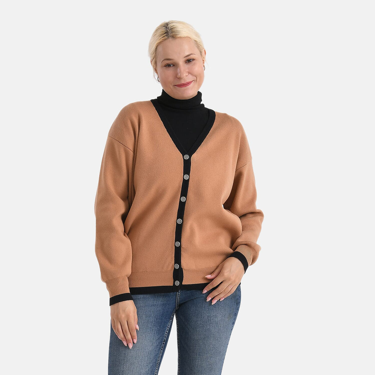 &amp; Maisi Classic V-Neck Button-up Contrast Trim Cardigan (L) - Brown 8132196 0