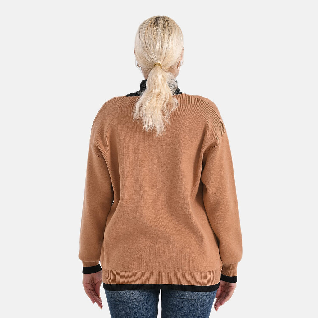 - MAISI Classic V-Neck Contrast Trim Cardigan (Size L) - Brown - Black