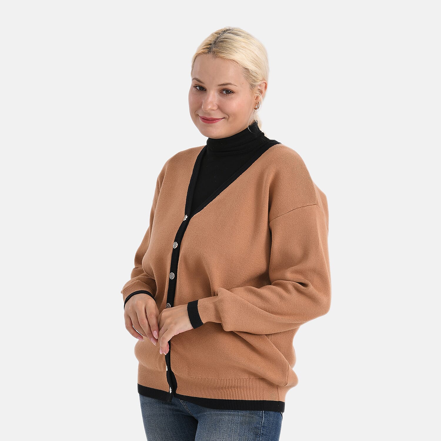 &amp; Maisi Classic V-Neck Button-up Contrast Trim Cardigan (L) - Brown 8132196 3