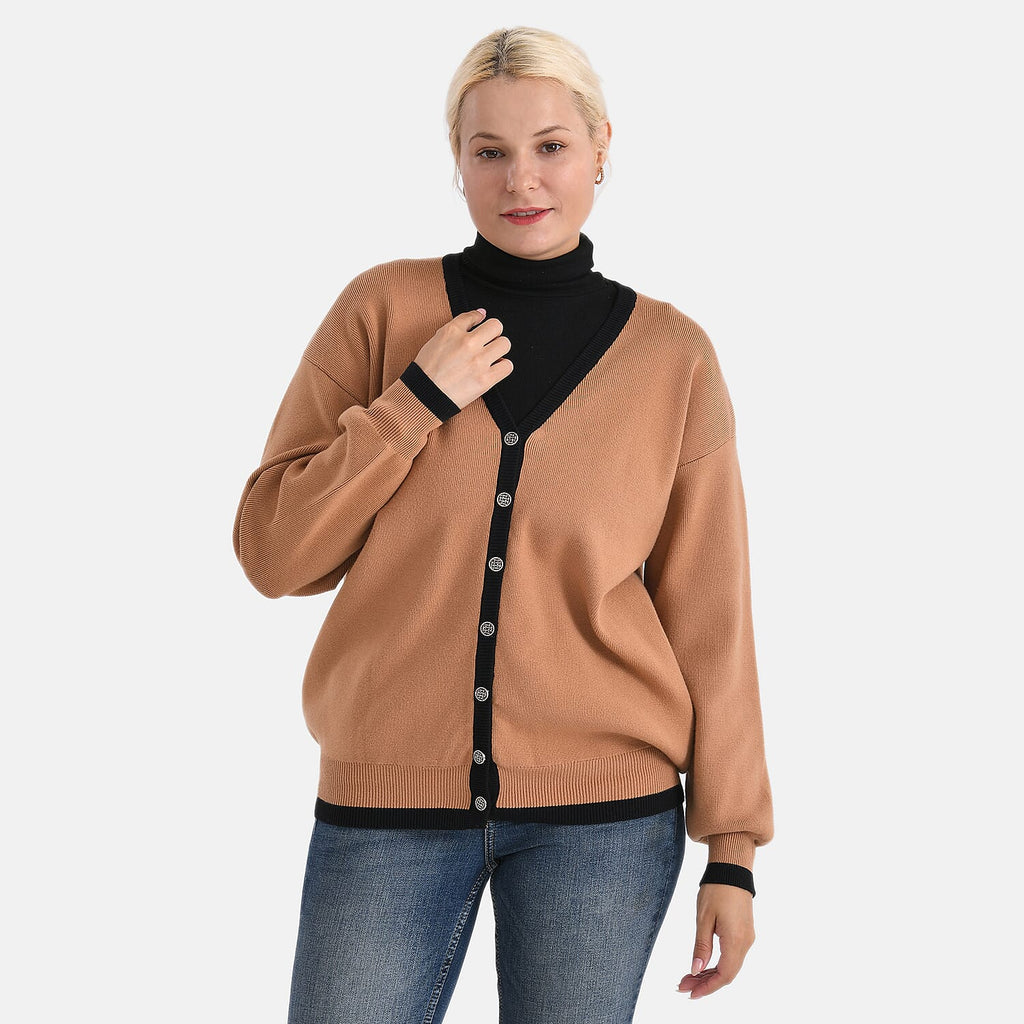- MAISI Classic V-Neck Contrast Trim Cardigan (Size L) - Brown - Black