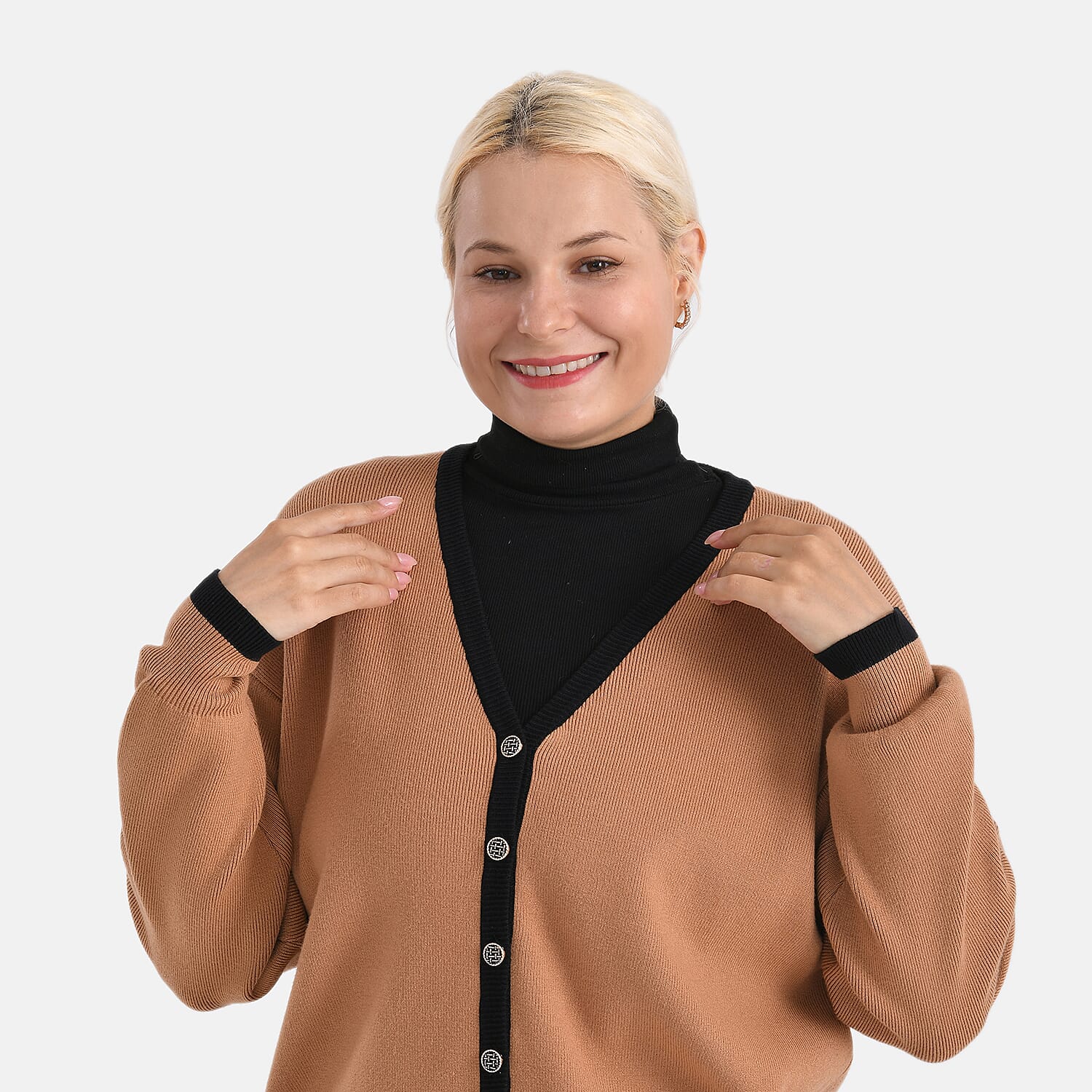 &amp; Maisi Classic V-Neck Button-up Contrast Trim Cardigan (L) - Brown 8132196 5