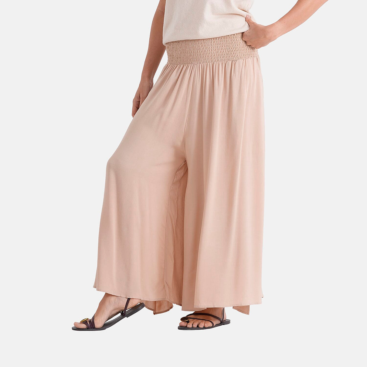 - Maisi 100% Viscose Smocked Waist Wide-Leg Flared Trousers (One Size 8-18) - Brown 8481578 4