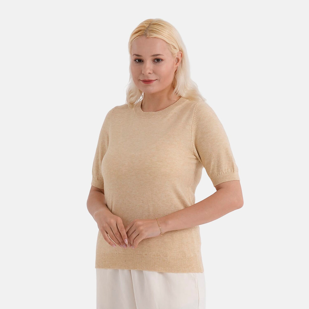 - Maisi Round Neck Short-Sleeved Top (Size L-XL) - Beige
