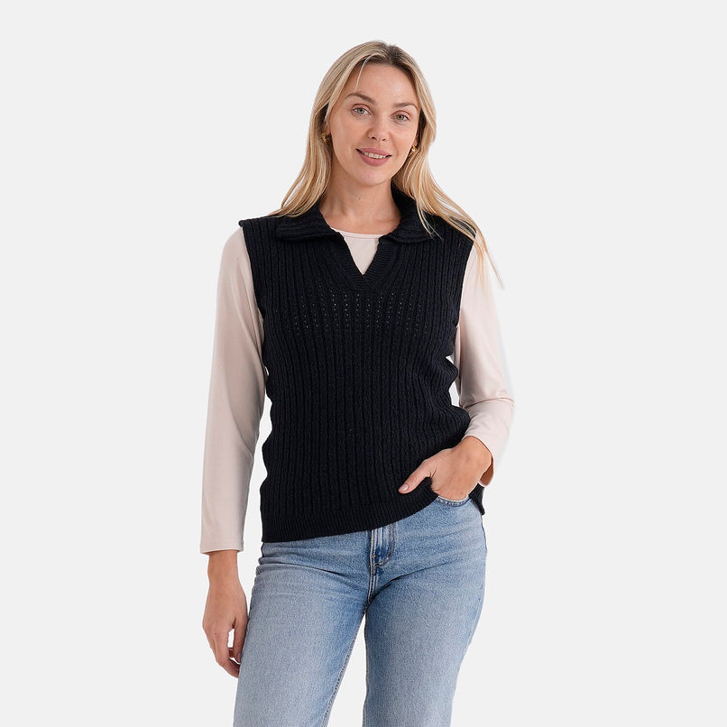 - Maisi V-Neck Marl Open-Collar Cable Knitted Vest (Size 16 To 20) - Navy - Black
