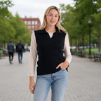 - Maisi V-Neck Marl Open-Collar Cable Knitted Vest (Size 16 To 20) - Navy - Black
