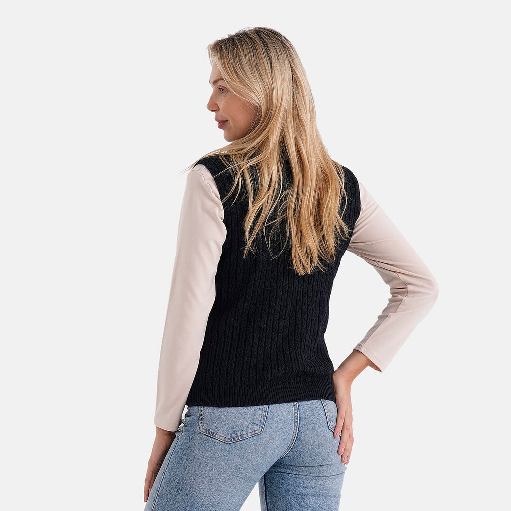 - Maisi V-Neck Marl Open-Collar Cable Knitted Vest (Size 16 To 20) - Navy - Black