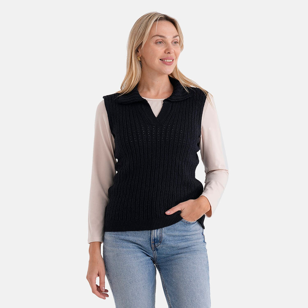 - Maisi V-Neck Marl Open-Collar Cable Knitted Vest (Size 16 To 20) - Navy - Black