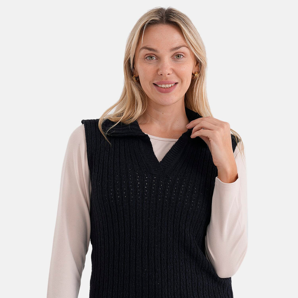 - Maisi V-Neck Marl Open-Collar Cable Knitted Vest (Size 16 To 20) - Navy - Black
