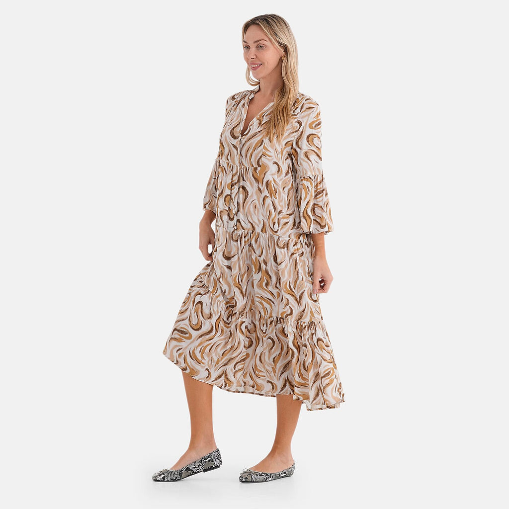 - Maisi V-Neck Printed Tiered Boho Midi Dress (Size XL) - Yellow