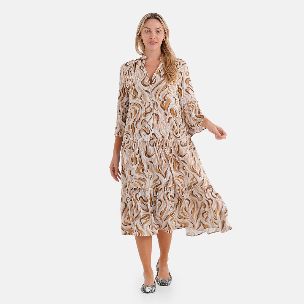 - Maisi V-Neck Printed Tiered Boho Midi Dress (Size XL) - Yellow
