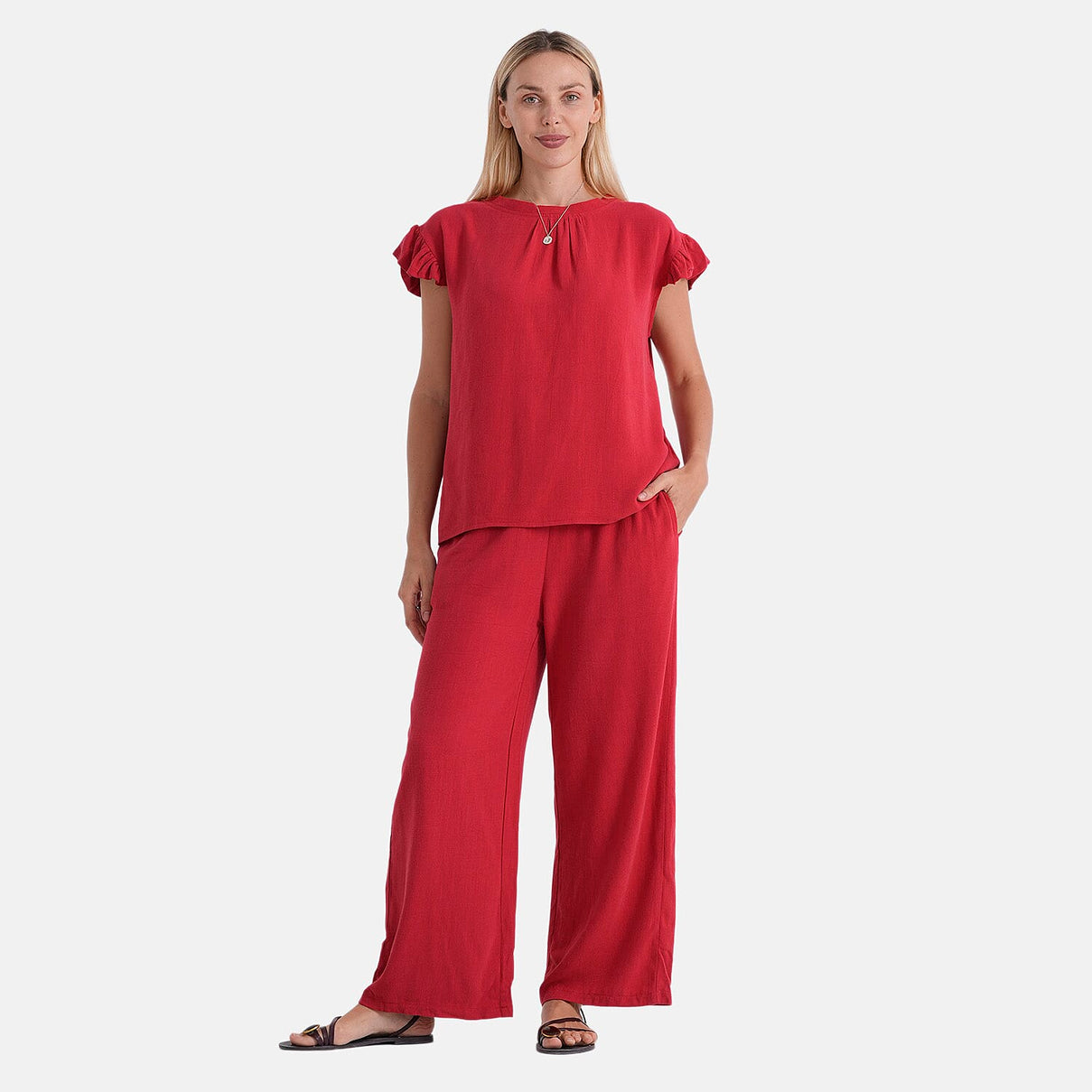 &amp; Maisi Round-Neck Stringy-Selvedge Sleeve Top (Size S) - Red 8482282 0
