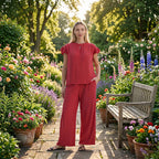 - Maisi Round-Neck Stringy-Selvedge Sleeve Top (Size S) - Red