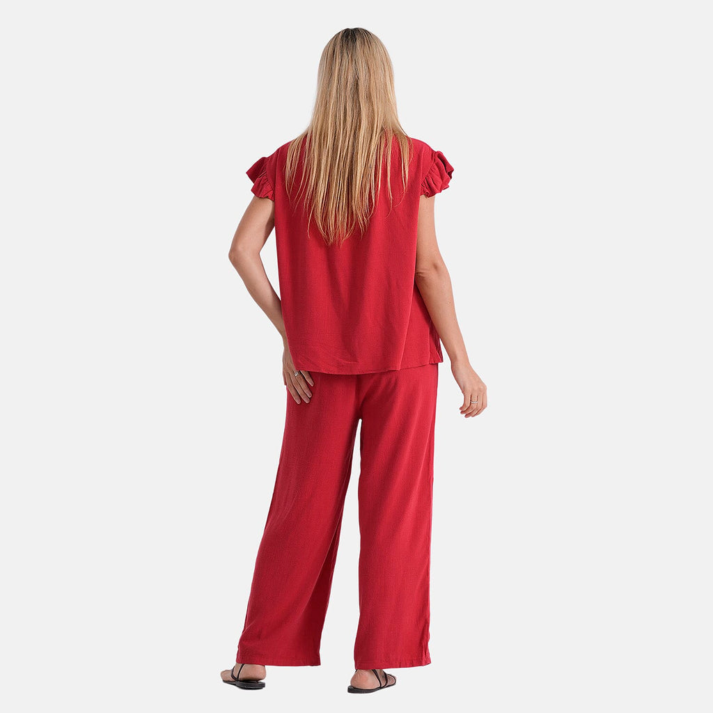 - Maisi Round-Neck Stringy-Selvedge Sleeve Top (Size S) - Red