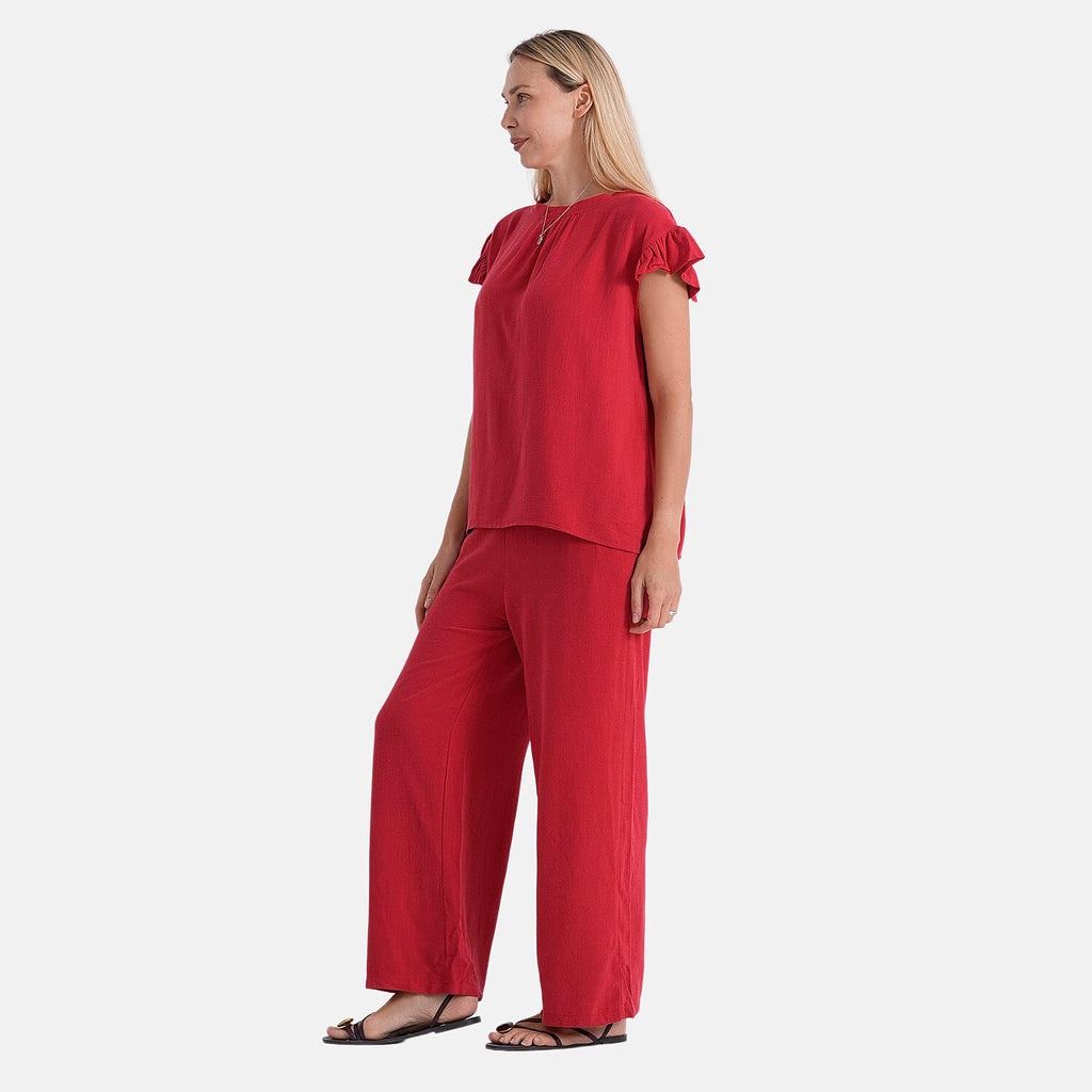 - Maisi Round-Neck Stringy-Selvedge Sleeve Top (Size S) - Red