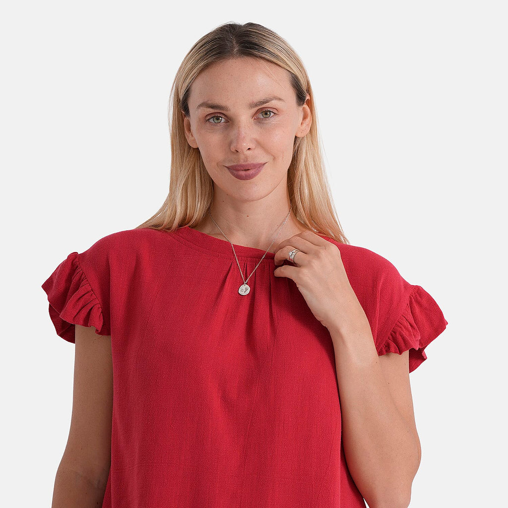 - Maisi Round-Neck Stringy-Selvedge Sleeve Top (Size S) - Red
