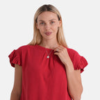 - Maisi Round-Neck Stringy-Selvedge Sleeve Top (Size S) - Red
