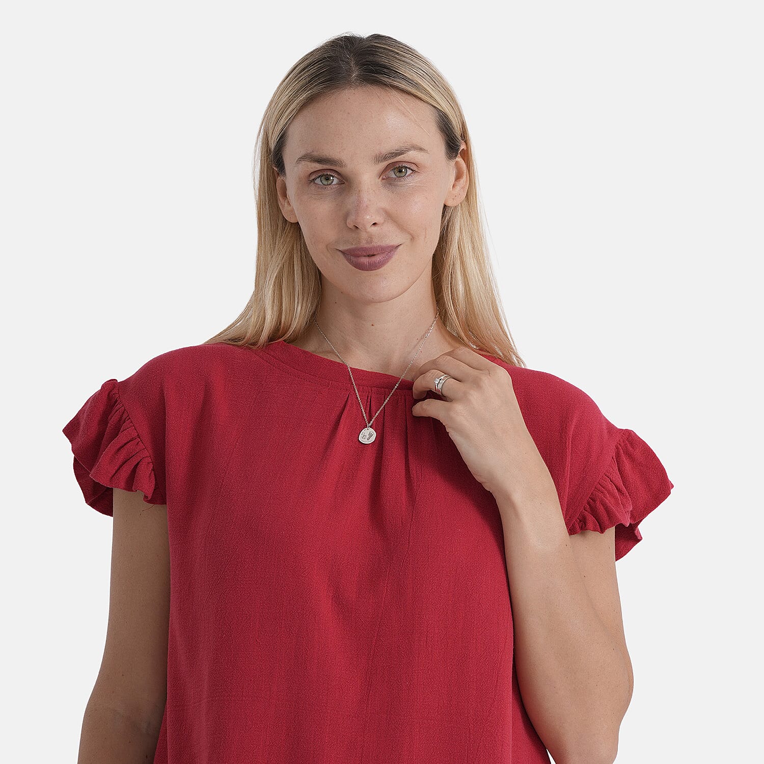 &amp; Maisi Round-Neck Stringy-Selvedge Sleeve Top (Size S) - Red 8482282 5