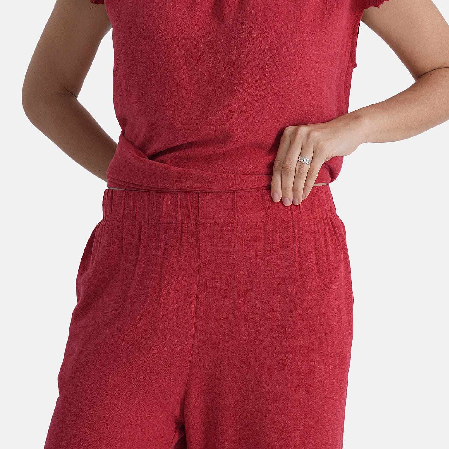 &amp; Maisi Round-Neck Stringy-Selvedge Sleeve Top (Size S) - Red 8482282 6