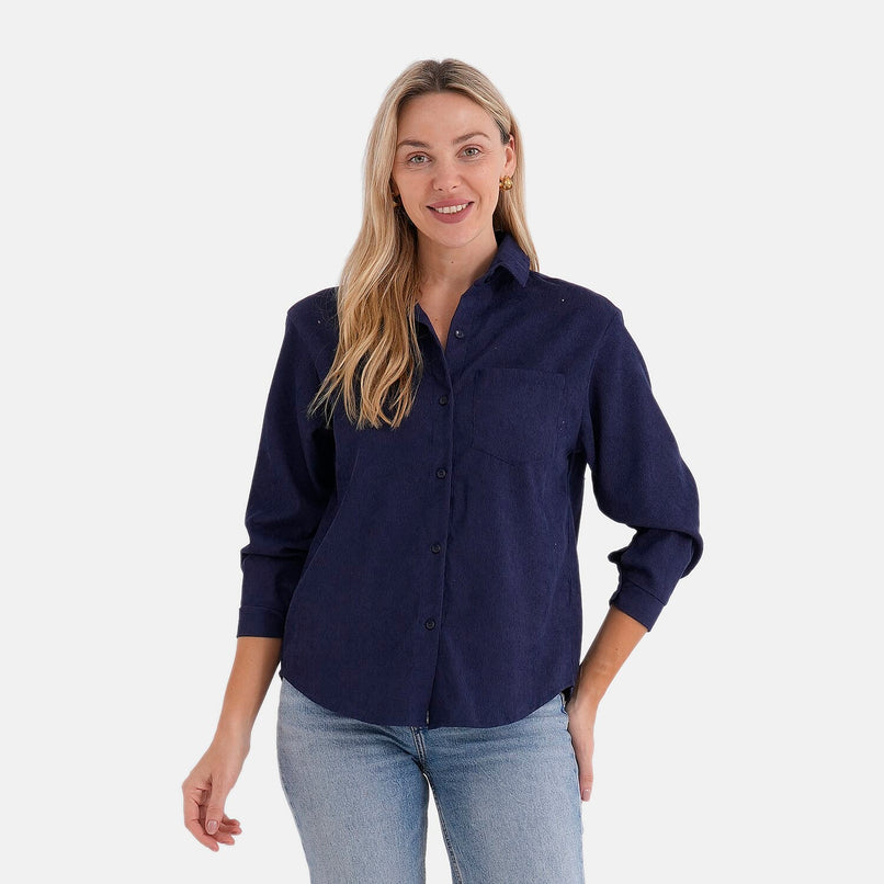- Maisi Solid Color Relax-Fit Shirt (Size S) - Navy Blue